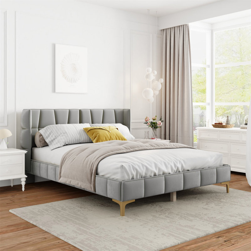 Queen Size Upholstered Velvet Platform Bed Gray